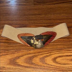 Vintage OMEGA Arrowhead Southwest Gold Metal Buckle Stretch Belt Tan Brown Small